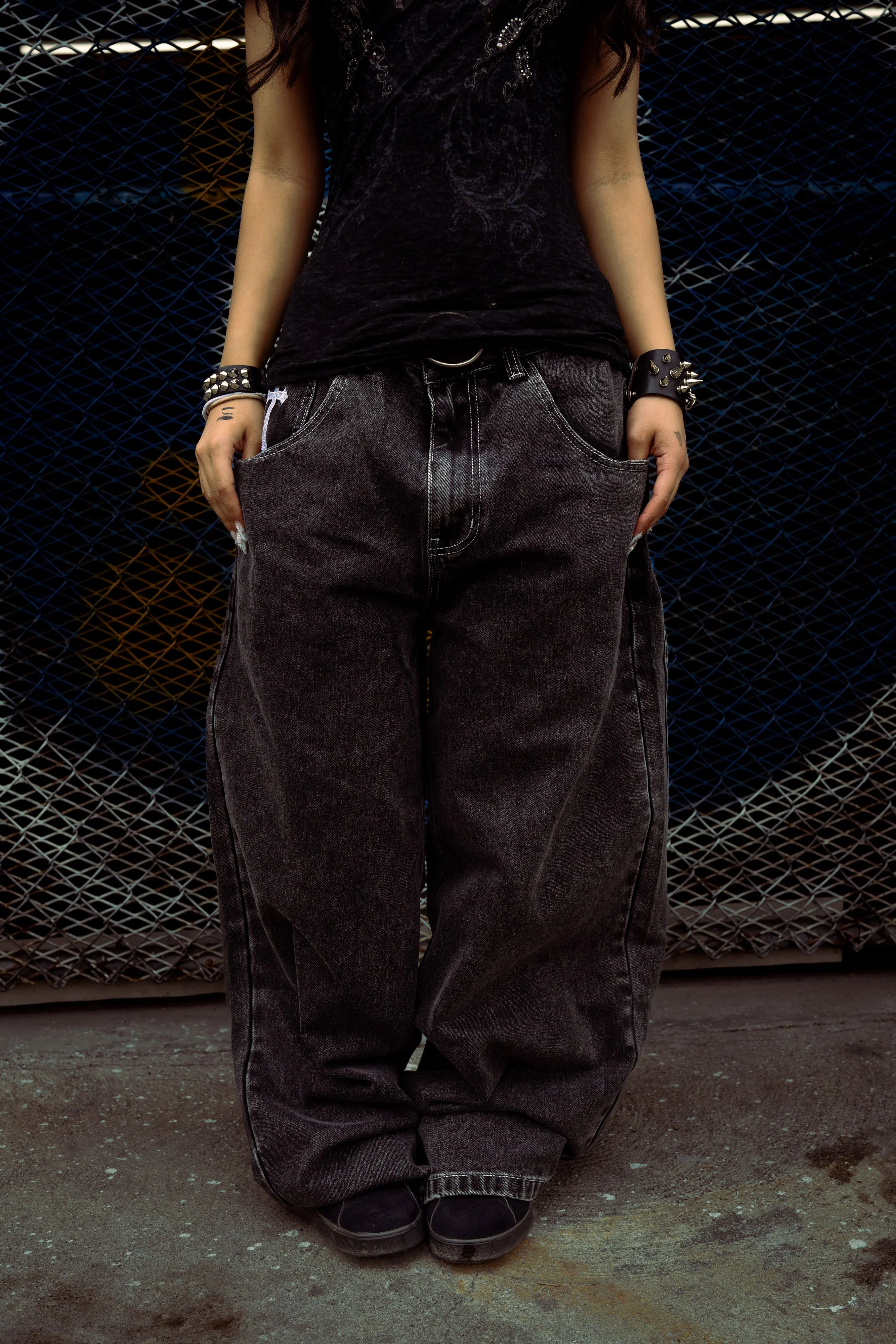 Black Wide Leg GLOE Skull Cross Jeans - Image 4